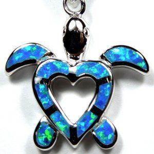 Blue Fire Opal Inlay Sterling Silver Heart Pendant